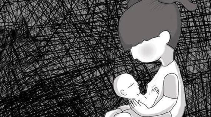 Dibujo de una niña con un bebé en brazos.